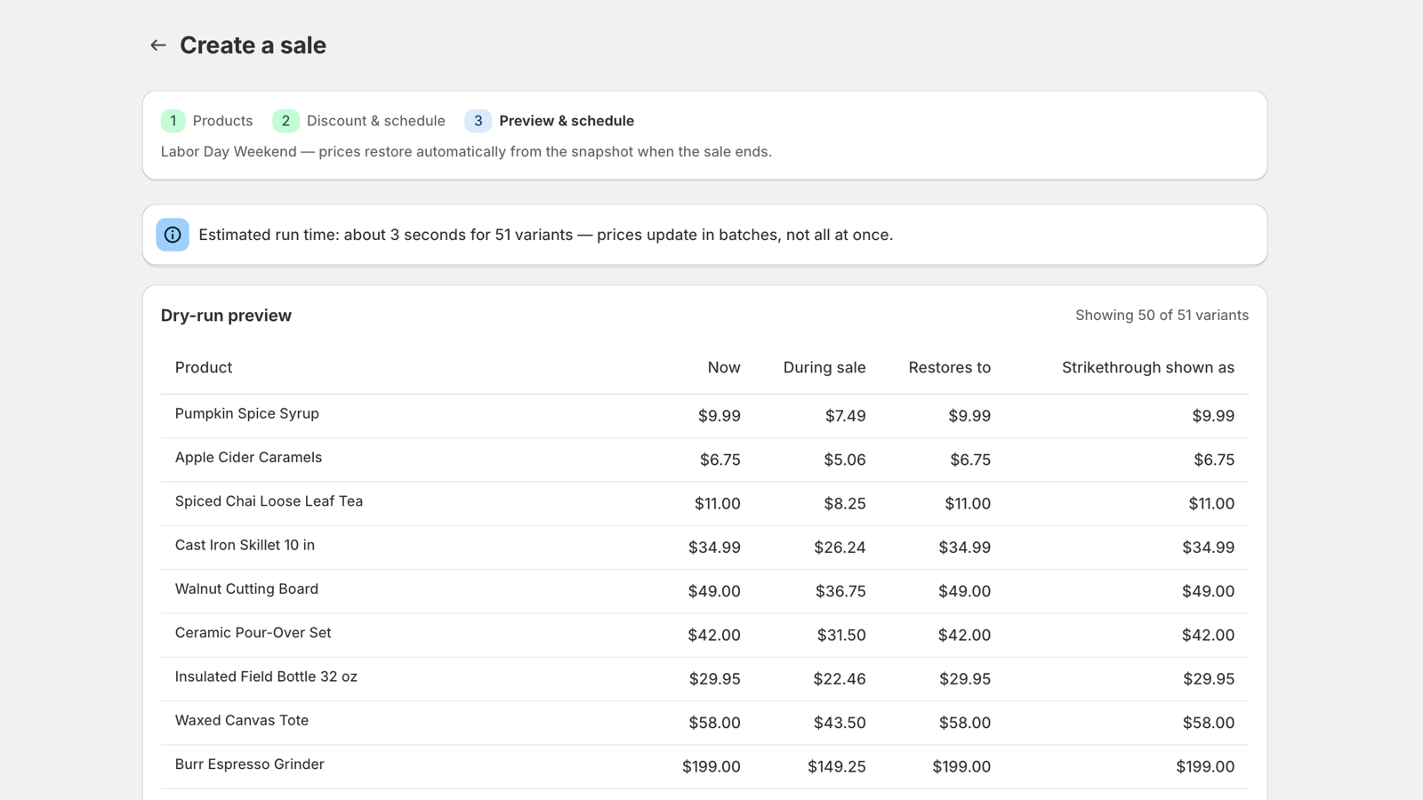 Setting up — Pick the scope, preview every variant, schedule the start.