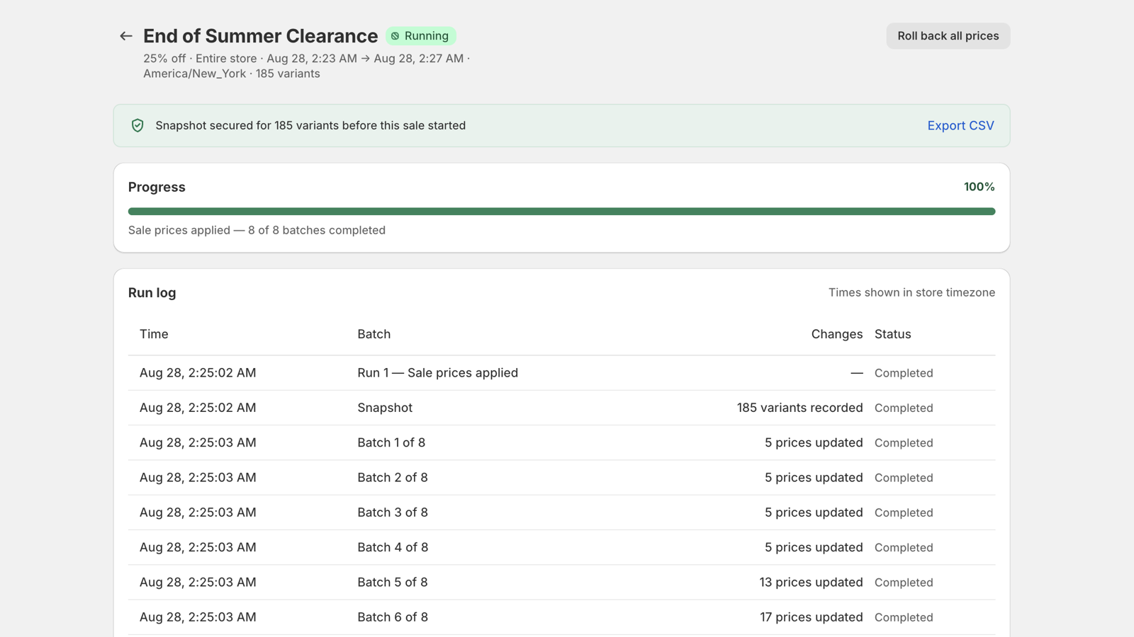 While it runs — Batch progress, retries and a run log on one timeline.