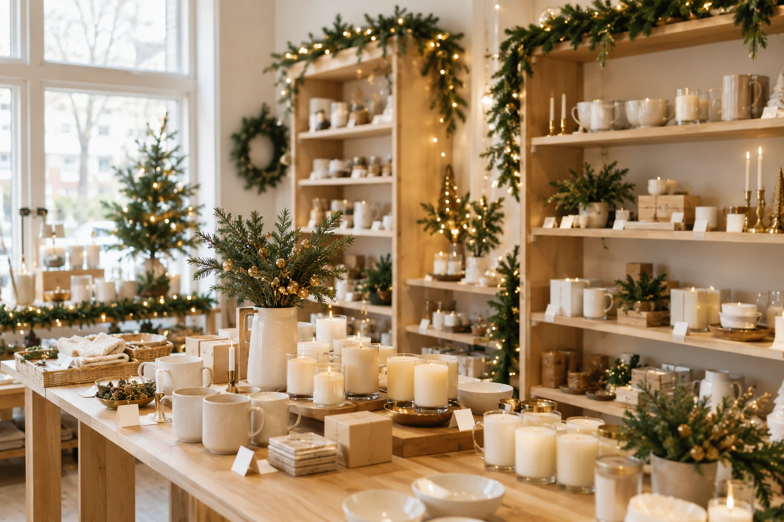 Illustration: a small gift shop decorated for the holidays