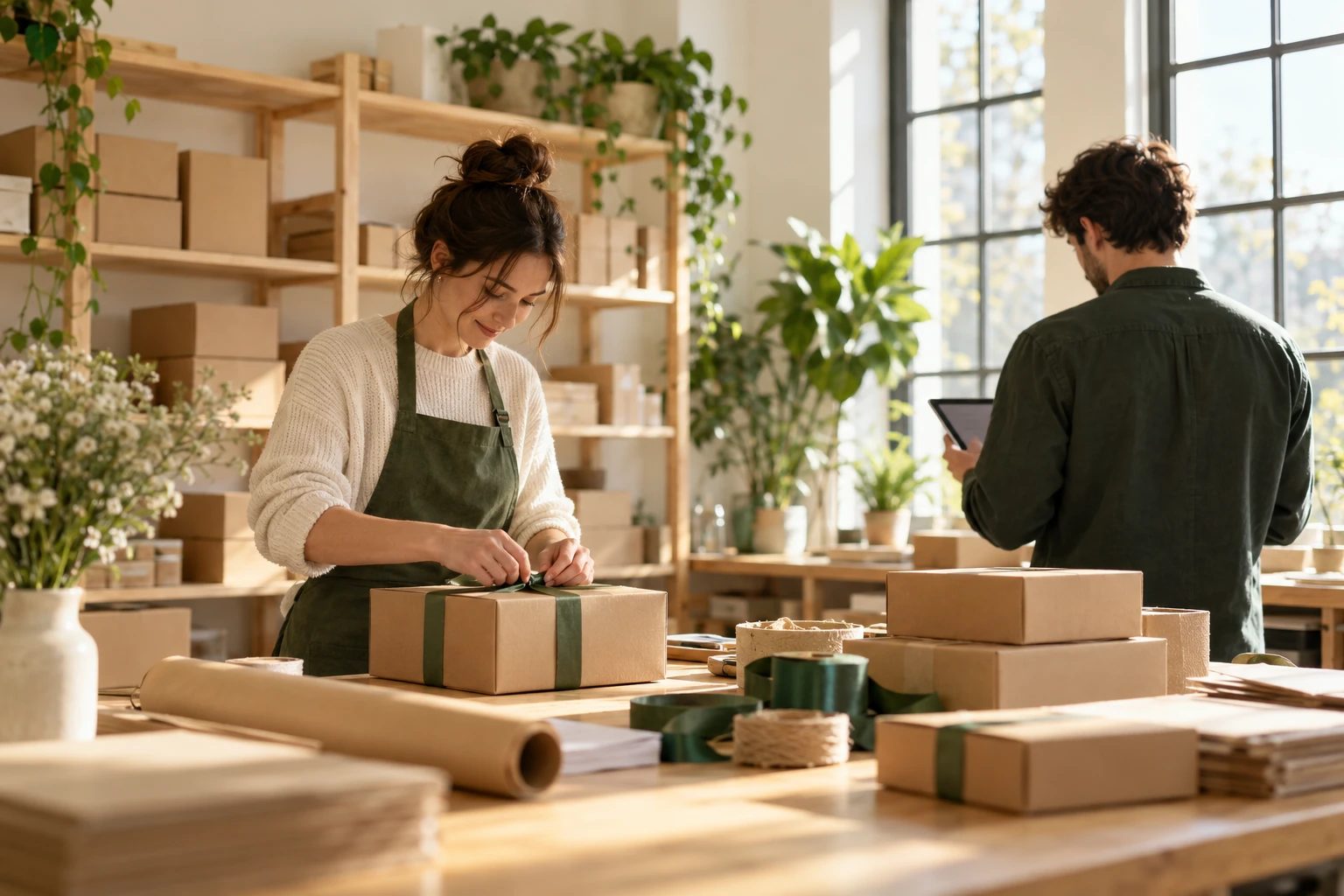 Illustration: two shop workers packing orders in a stockroom